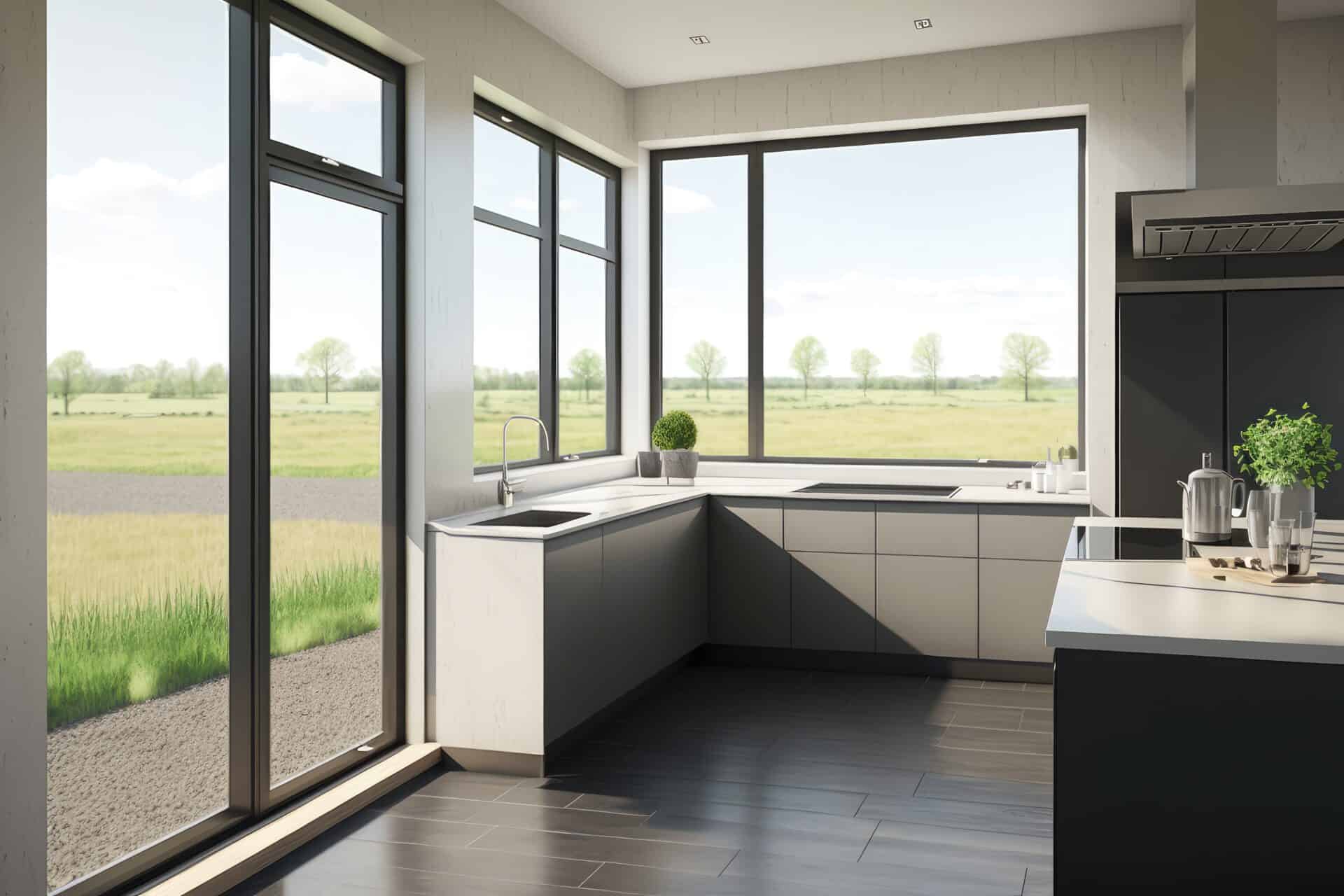 New windows in a sleek kitchen, giving a 180 degree exterior view